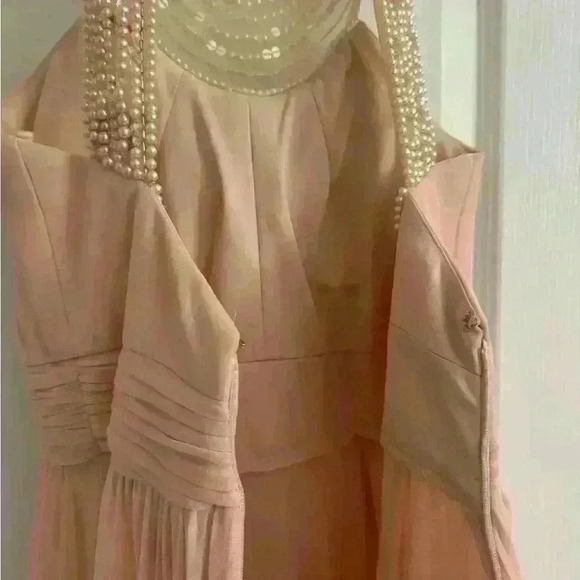 Baby pink pearl and crystal encrusted swoop neckline prom gown - Picture 5 of 5